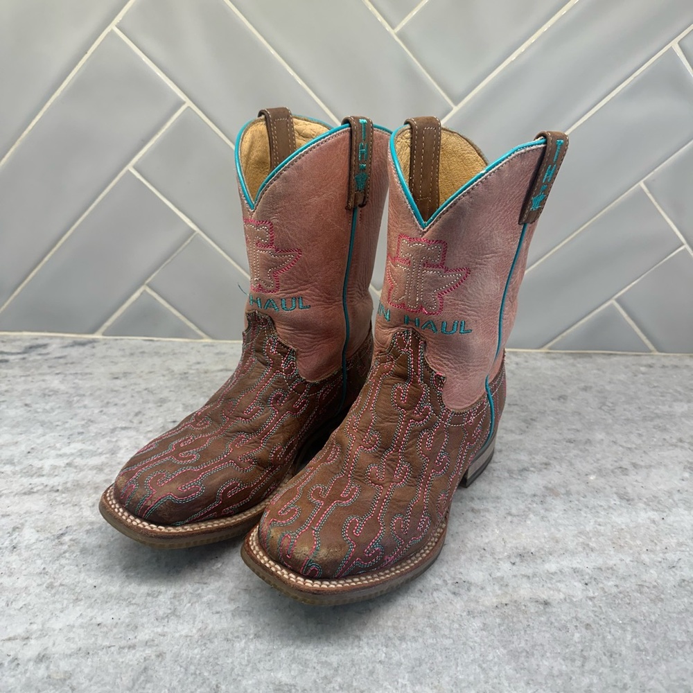 Double H Brown and Pink Western Boots with Leather Finish